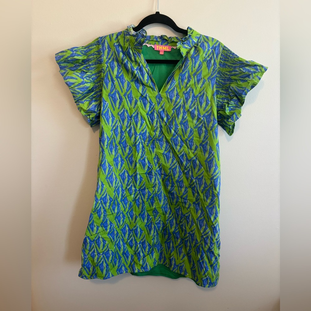 THML Blue and Green Printed V-Neck Midi Dress